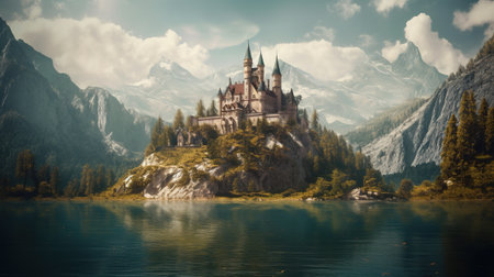 Panoramic view of famous Seefeld Castle on the shores of Lake Seefeld in Austriaの素材