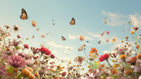 Colorful flowers and butterflies flying in the blue sky - vintage filterの素材