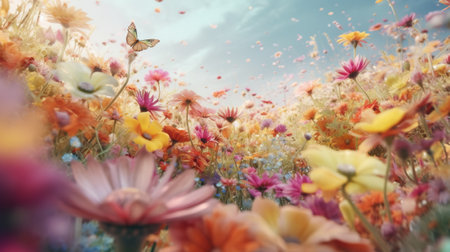 Flowers meadow with butterfly. Colorful flower meadow nature backgroundの素材