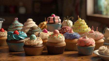 Colorful cupcakes on wooden table in cafe, closeup viewの素材