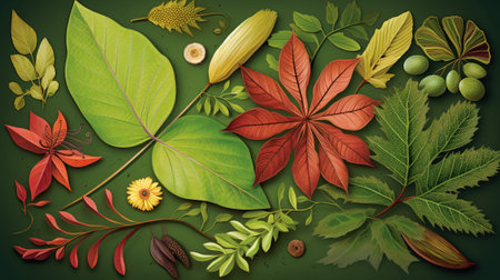 Illustration of a set of autumn leaves and flowers on a green backgroundの素材