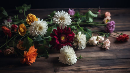 Bouquet of autumn flowers on a wooden table, vintage styleの素材