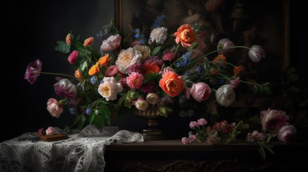 Still life with a bouquet of colorful flowers on a dark backgroundの素材