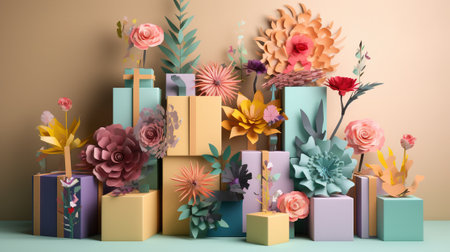 3d render, abstract composition of flowers and gift boxes on pastel backgroundの素材