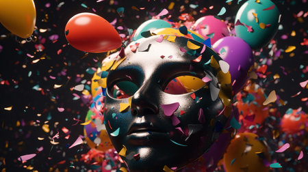 Mardi Gras mask with confetti and balloons on black backgroundの素材