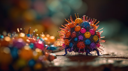 Close up view of a colorful virus. 3D Rendering.の素材