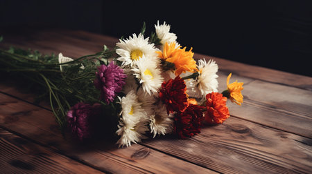 Bouquet of chrysanthemums on a wooden tableの素材