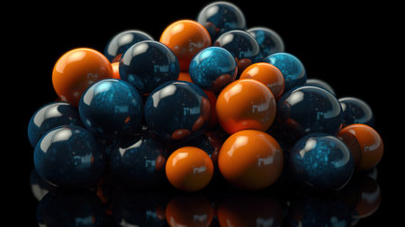 3d render of orange and blue spheres on black background with reflectionの素材