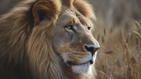 Male lion in Kruger National Park, South Africa ; Specie Panthera leo family of Felidaeの素材