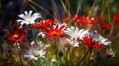 Colorful flowers in the garden on a sunny day. Shallow depth of field.の素材