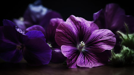 Purple flowers on a wooden table with black background. Shallow depth of fieldの素材