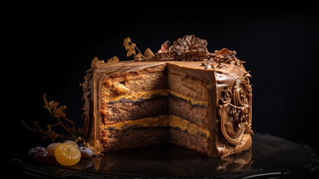 Chocolate cake with cream on a black background. Selective focus.の素材