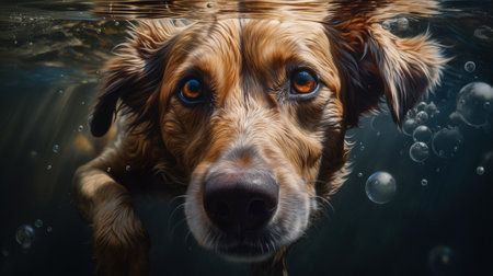 Portrait of a golden retriever dog swimming in the water.の素材