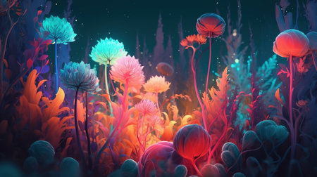 3D Illustration of an abstract fantasy landscape with flowers and plantsの素材