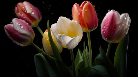 Beautiful tulips on a black background with water droplets.の素材