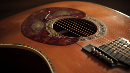 Acoustic guitar on wooden background. Close-up. Selective focus.の素材