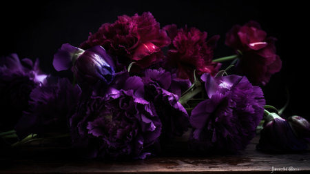 bouquet of purple peonies on a wooden table on a black backgroundの素材