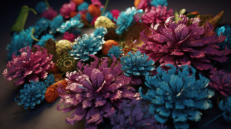 Close up of colorful chrysanthemum flowers on black backgroundの素材