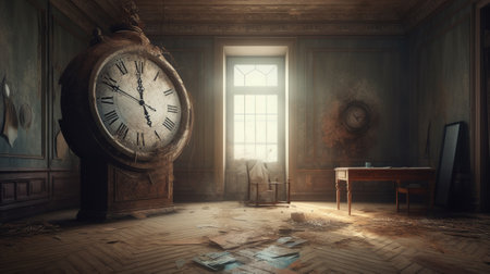 3d rendering of an old room with a clock in the foregroundの素材