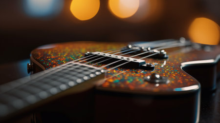 Closeup of electric guitar on blurred background with bokeh.の素材