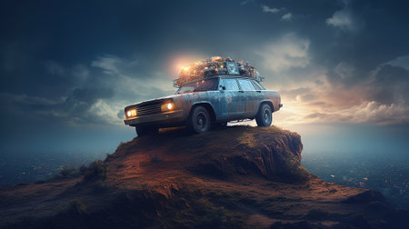 Vintage car on the top of the mountain. 3d renderingの素材
