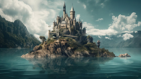 Beautiful castle on the island in the sea. 3d renderingの素材