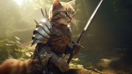 Fantasy portrait of a cat knight in armor with a sword.の素材