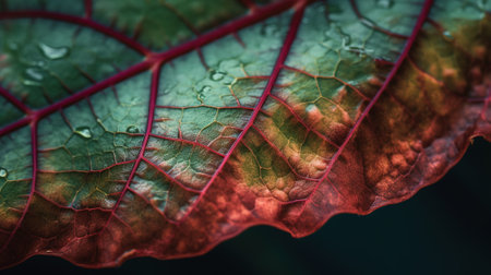 Close up of red and green leaf with water droplets on itの素材