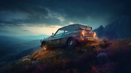 3d illustration of a retro car in the mountains at sunset.の素材