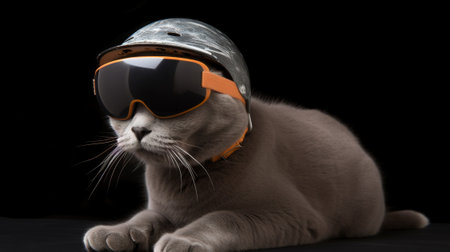 British Shorthair cat wearing motorcycle helmet and goggles on black backgroundの素材