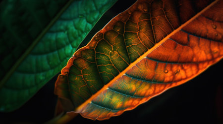 Close up of beautiful orange and green leaf with sunlight. Natural background.の素材