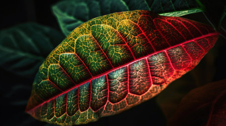 Beautiful green leaf with red veins on dark background, close upの素材