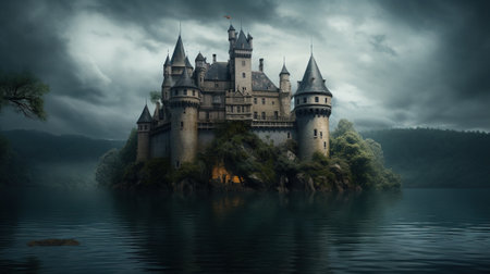 Fantasy landscape with a beautiful castle on a lake. 3d renderingの素材