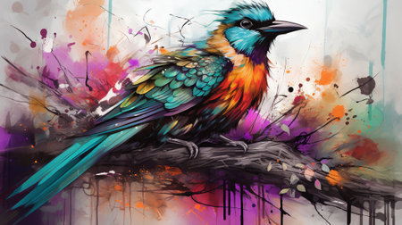 Colorful bird sitting on a branch with watercolor splashes and blotsの素材