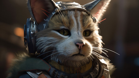 Close-up portrait of a cat wearing a helmet with headphones.の素材