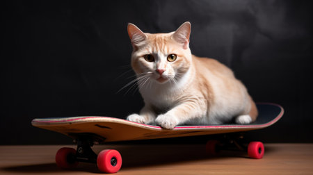 Cute red cat with longboard on black background. Studio shot.の素材
