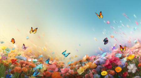 Butterflies flying over the meadow of flowers. 3d renderingの素材