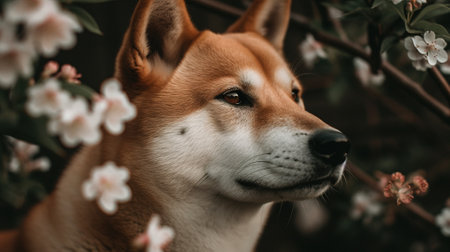 Portrait of a Japanese Shiba Inu dog with flowers in the background.の素材