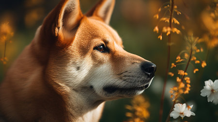 Portrait of a shiba inu dog on a background of flowersの素材