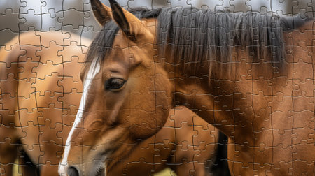 Horse in the field with jigsaw puzzle as a background.の素材