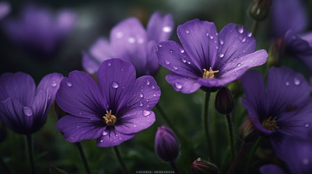Beautiful purple flowers with raindrops on the petals, macroの素材