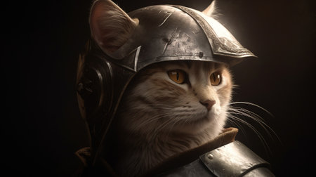 Portrait of a cat in a helmet of the medieval knight.の素材