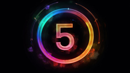 Number 5 with colorful neon lights and bokeh on black backgroundの素材