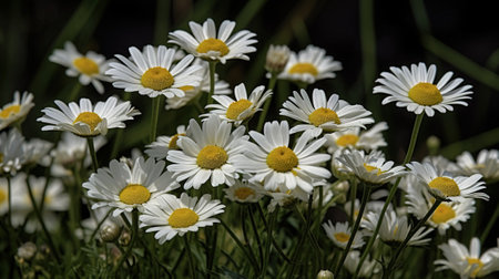 white daisies in the garden on a dark background close upの素材