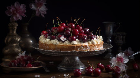 Delicious cherry cake with whipped cream and fresh cherries on dark backgroundの素材
