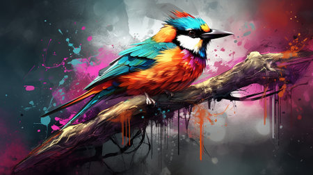 Colorful bird sitting on a branch with splashes of paint.の素材