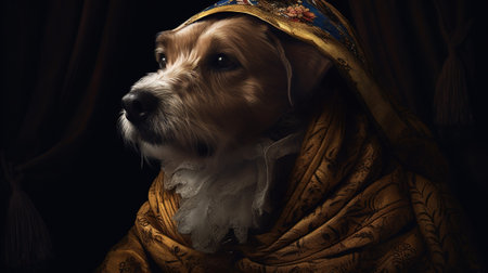 Cute golden retriever puppy in a headscarf on a dark backgroundの素材