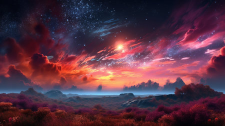 Fantasy landscape with stars and nebula. 3D illustration.の素材