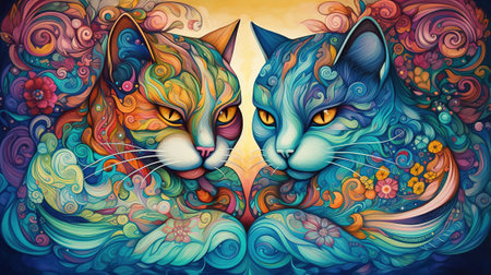 Two cats with abstract colorful patterns. Psychedelic painting. Vector illustration.の素材