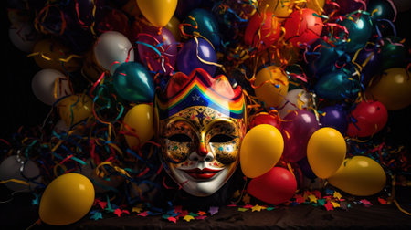 Carnival mask with colorful balloons and confetti on dark backgroundの素材